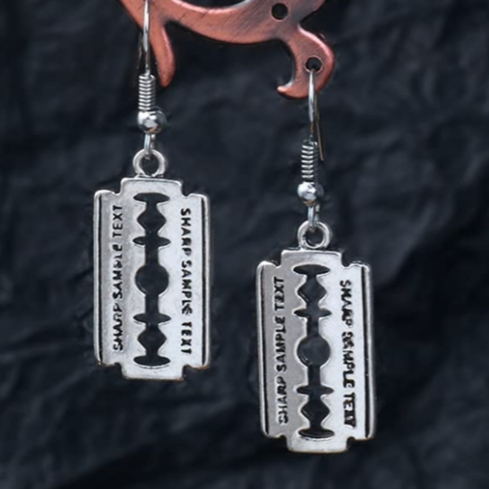 Silver Fake Razor Blade Earrings Punk Gothic Dangle - Picture 3 of 4